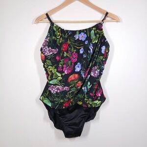 Magicsuit Swimsuit Women 16 Black Floral One Piece Draped Slimming